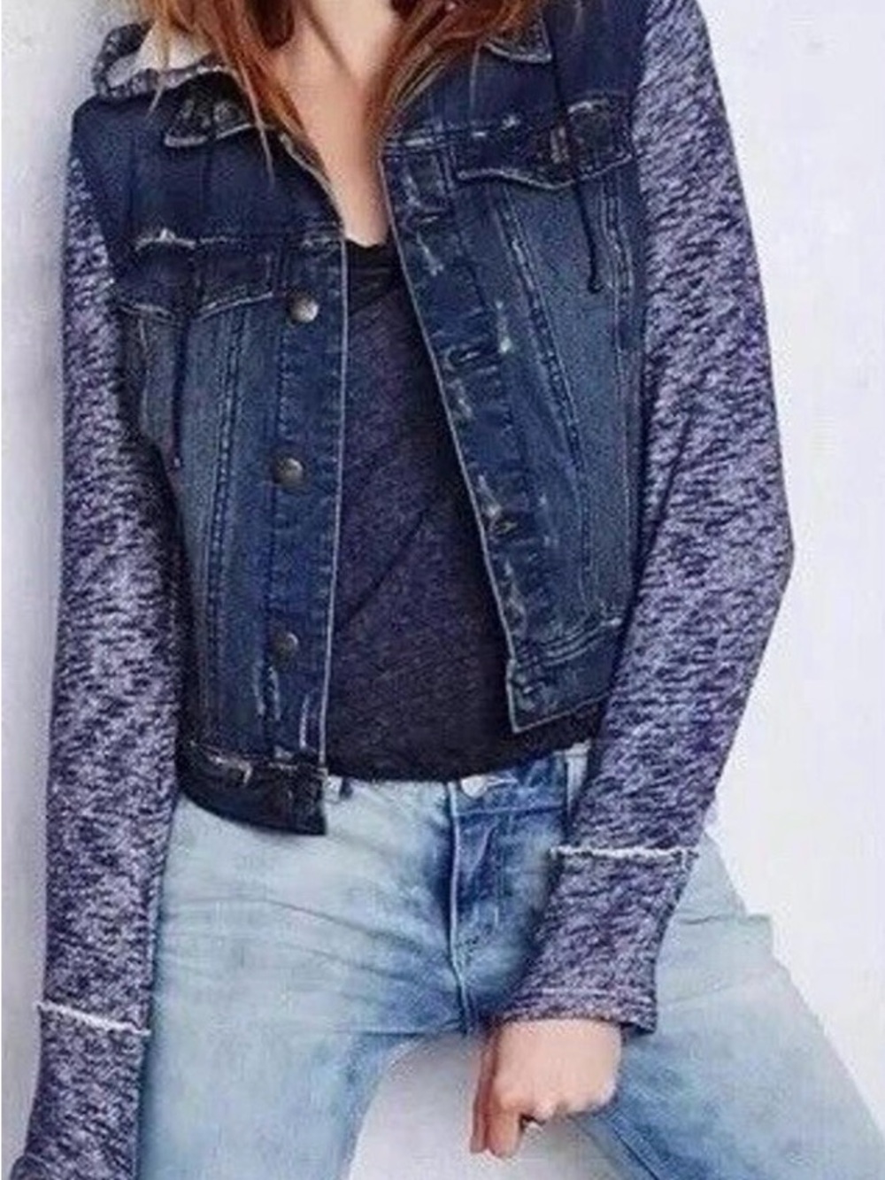Free People Dark Blue Denim Jacket with Heathered Navy Knit Sleeves